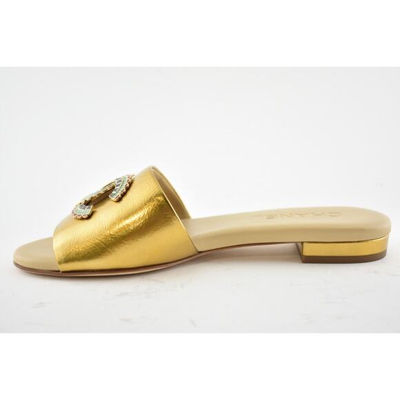 Chanel 19A Gold Laminated Lambskin CC Red Logo Slide Slip On Sandal Mule Flat 36 - Picture 9 of 12